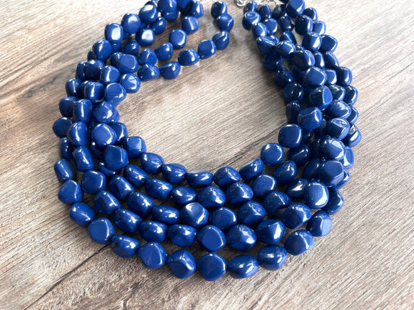 Navy Blue Lucite Acrylic Beaded Chunky Multi Strand Statement Necklace - Julianna