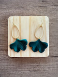 Dark Green Ginkgo Matte Leaf Lucite Petal Silver Big Statement Earrings - Avery