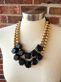 Gold Black Wood Beaded Chunky Multi Strand Statement Necklace - Riley