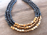 Gray Gold Beaded Multi Strand Wood Chunky Statement Necklace - Lisa