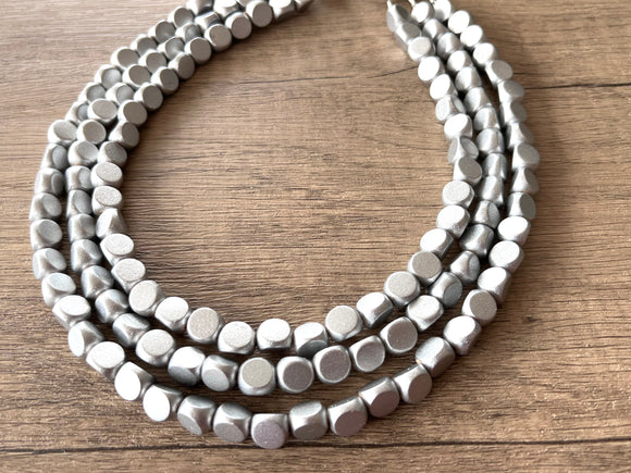 Silver Wood Beaded Chunky Multi Strand Statement Necklace - Lisa