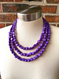 Purple Wood Beaded Chunky Multi Strand Statement Necklace - Lisa