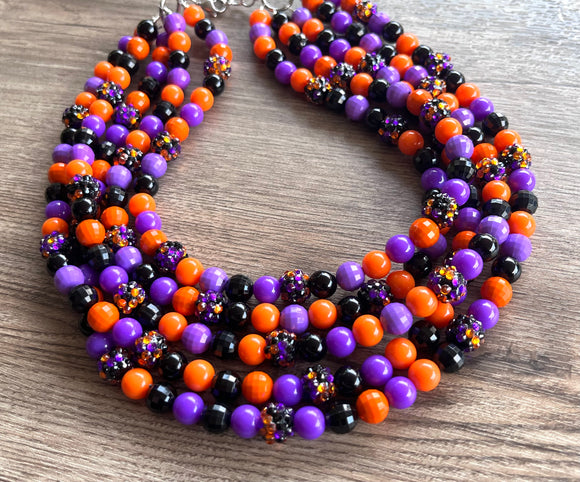 Orange Black Acrylic Beaded Halloween Multi Strand Statement Necklace - Wednesday