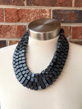 Black White Stripe Cube Beaded Multi Strand Statement Necklace - Cubist
