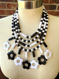 Black White Mod Flower Power Beaded Statement Necklace -Daisy