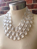 Clear Faceted Square Acrylic Beaded Multi Strand Chunky Statement Necklace