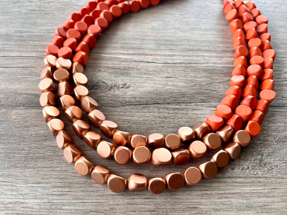 Orange Rose Gold Beaded Wood Multi Strand Chunky Boho Statement Necklace - Lisa