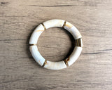 Green Brown Ivory Acrylic Bead Tube Stretch Womens Bracelet
