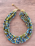 Green Blue Statement Beaded Chunky Faceted Stone Necklace - Tara