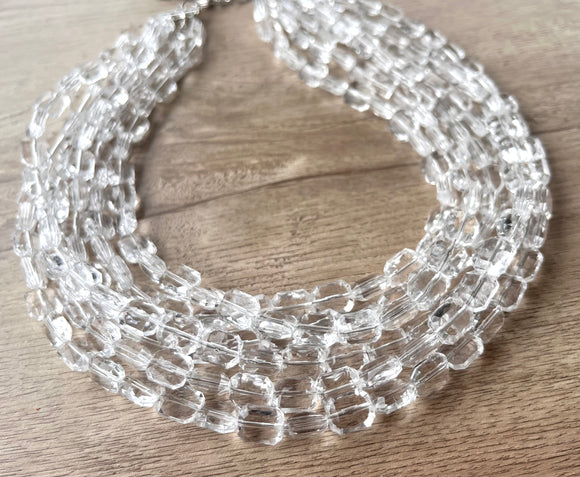Clear Faceted Lucite Beaded Statement Multi Strand Chunky Necklace - Jenny
