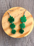 St Patrick’s Day long Shamrock Glitter 3 Leaf Clover Dangle Statement Earings