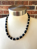 Black White Wood Beaded Mens Surfer Long Necklace - Dennis