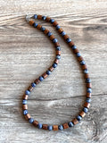 Wood Brown Blue Stone Beaded Mens Necklace - Terrance