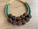 Brown Green Wood Chunky Multi Strand Bohemian Statement Necklace - Riley