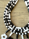 Black White Mod Flower Power Beaded Statement Necklace -Daisy