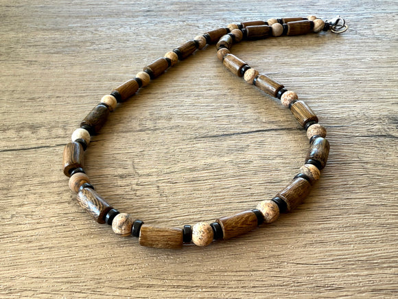 Beige Matte Jasper Brown Wood Beaded Mens Necklace - Maverick