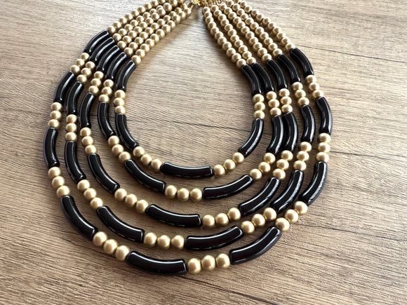 Black Gold Acrylic Bead Multi Strand Statement Necklace - Tanya