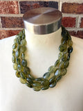 Olive Green Acrylic Beaded Multi Strand Chunky Statement Necklace - Lauren