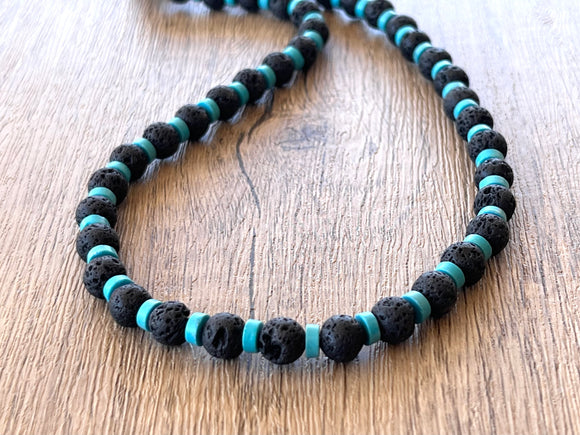 Black Lava Rock Turquoise Mens Surfer Beaded Long Necklace - Mac
