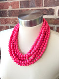 Hot Pink Beaded Statement Acrylic Chunky Lucite Multi Strand Necklace - Beth