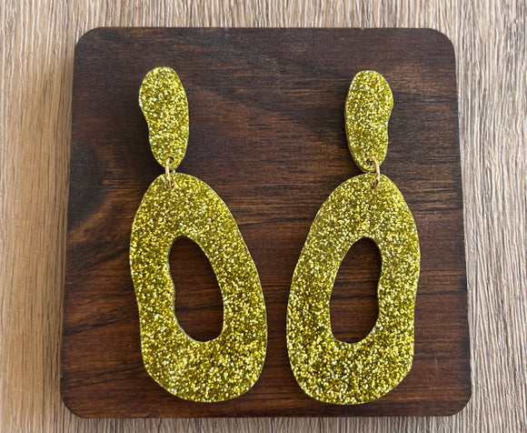 Gold Glitter Statement Lucite Acrylic Big Dangle Womens Statement Earrings - Sylvia