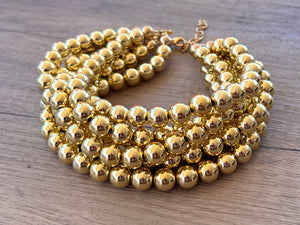 Shiny Gold Choker Big Beaded Acrylic Chunky Multi Strand Statement Necklace - Alana