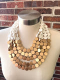 White Ivory Gold Wood Beaded Multi Strand Chunky Statement Necklace - Regan