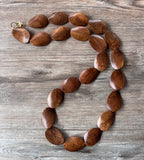 Brown Wood Beaded Long Chunky Boho Statement Necklace - Shelly