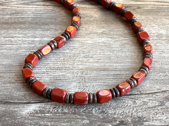 Mens Red Jasper Brown Coconut Wood Beaded Mens Necklace - Pascal