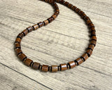 Brown Wood Copper Hematite Beaded Mens Necklace - Soren