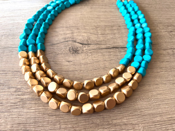 Turquoise Gold Statement Wood Beaded Multi Strand Chunky Bead Necklace - Lisa