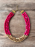 Hot Pink Gold Wood Beaded Chunky Multi Strand Statement Necklace - Lisa