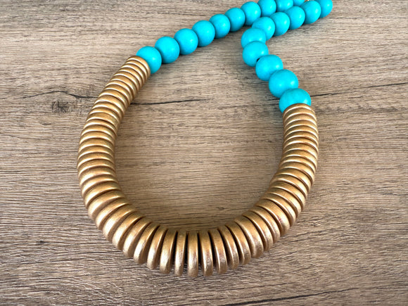 Turquoise Gold Chunky Wood Long Boho Beaded Statement Necklace - Elena