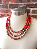 Orange Rose Gold Beaded Wood Multi Strand Chunky Boho Statement Necklace - Lisa
