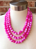 Fuchsia Pink White Acrylic Lucite Big Bead Chunky Multi Strand Necklace - Alana