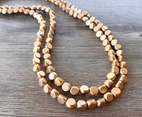 Gold Long Wood Beaded Wooden Boho Single Strand Statement Necklace - Nicoline