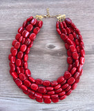 Red Beaded Lucite Big Chunky Multi Strand Statement Necklace - Lauren