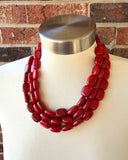 Red Beaded Acrylic Big Chunky Multi Strand Statement Necklace - Lauren
