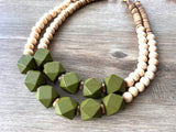 Green White Wood Beaded Chunky Multi Strand Boho Statement Necklace - Riley