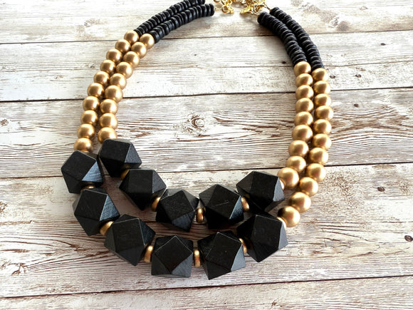 Gold Black Wood Beaded Chunky Multi Strand Statement Necklace - Riley