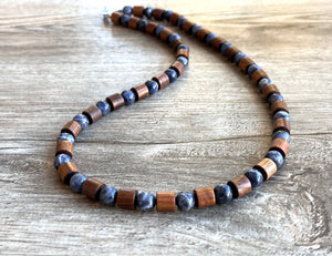 Wood Brown Blue Stone Beaded Mens Necklace - Terrance