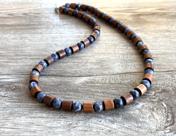 Wood Brown Blue Stone Beaded Mens Necklace - Terrance