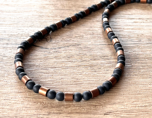 Black Matte Stone Copper Mens Beaded Necklace - Rowan