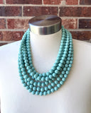 Blue Green Teal Acrylic Beaded Multi Strand Statement Necklace - Alana
