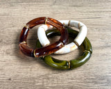 Green Brown Ivory Acrylic Bead Tube Stretch Womens Bracelet