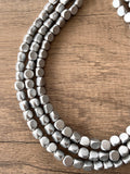 Silver Wood Beaded Chunky Multi Strand Statement Necklace - Lisa