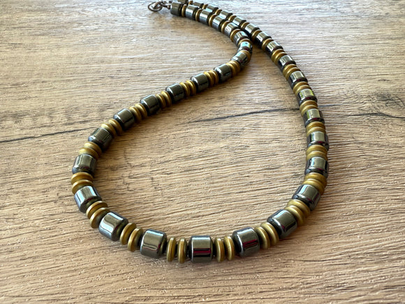 Mens Gray Gold Stone Hematite Beaded Necklace - Garett