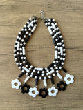 Black White Mod Flower Power Beaded Statement Necklace -Daisy