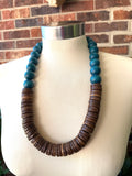 Teal Green Blue Brown Chunky Wood Long Boho Beaded Statement Necklace - Elena