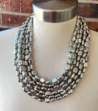 Silver Shiny Lucite Acrylic Beaded Multi Strand Chunky Statement Necklace - Lauren